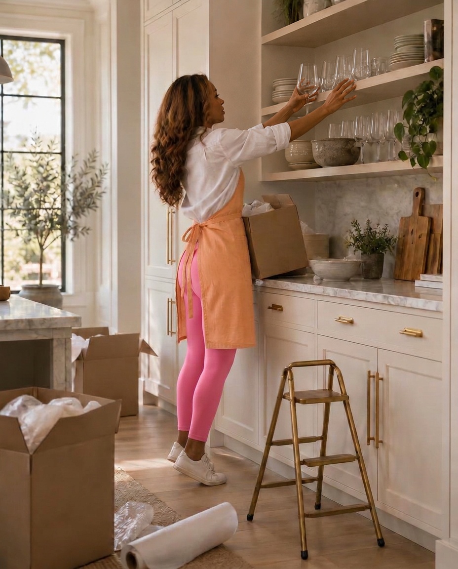 Black organizer in pink leggings and an apricot apron placing crystal glasses on kitchen shelves beside unpacking boxes
